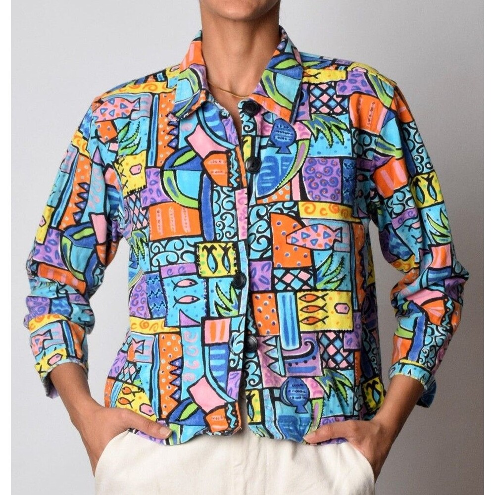 Vintage Abstract Bright Women Jacket Size Petite L Life Style Brand Pop Fancy